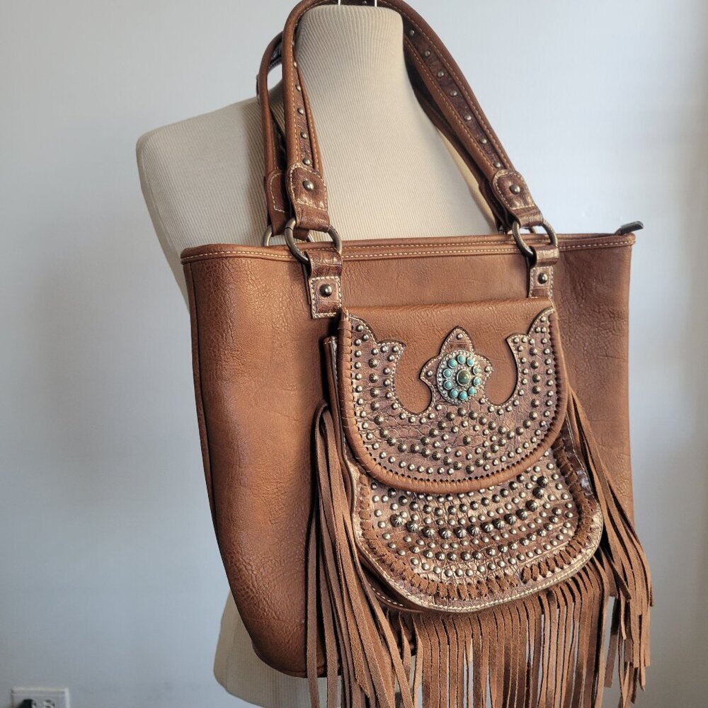Montana West Western-Style Leather Turquoise Stone & Fringe Handbag